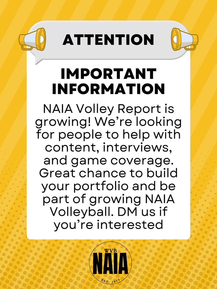 NAIAwvb's tweet image. ๐จ NAIA Volley Report is expanding! ๐จ
Weโre building a team โ content creators, pregame interviewers, in-game coverage & more.
๐ Build your portfolio
๐ฃ Get your work seen
๐ Help grow the game
Season starts soon โ DM us your info today!
#NAIAvolleyreport | #NAIAwvb