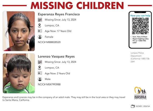NCMEC's tweet image. #MISSING
Esperanza and Lorenzo were last seen on July 13, 2024 in Lompoc, #California. They may be in the company of an adult male. They may still be in the local area or they may travel to Santa Maria, California.
missingkids.org/poster/NCMC/20…