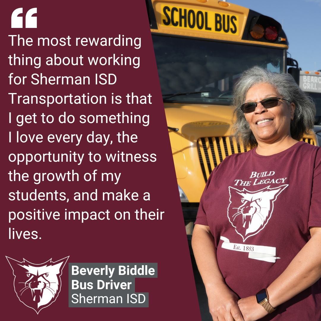Sherman ISD (@shermanisd) on Twitter photo Driving a bus 🚍 gives Beverly Biddle the flexible, family-friendly schedule she needs and the chance to make a lasting difference in the lives of Sherman students. It’s not too late to join the Bearcat family for the 25-26 school year! Apply today at shermanisd.net/careers. 🐾 Driving a bus 🚍 gives Beverly Biddle the flexible, family-friendly schedule she needs and the chance to make a lasting difference in the lives of Sherman students. It’s not too late to join the Bearcat family for the 25-26 school year! Apply today at shermanisd.net/careers. 🐾