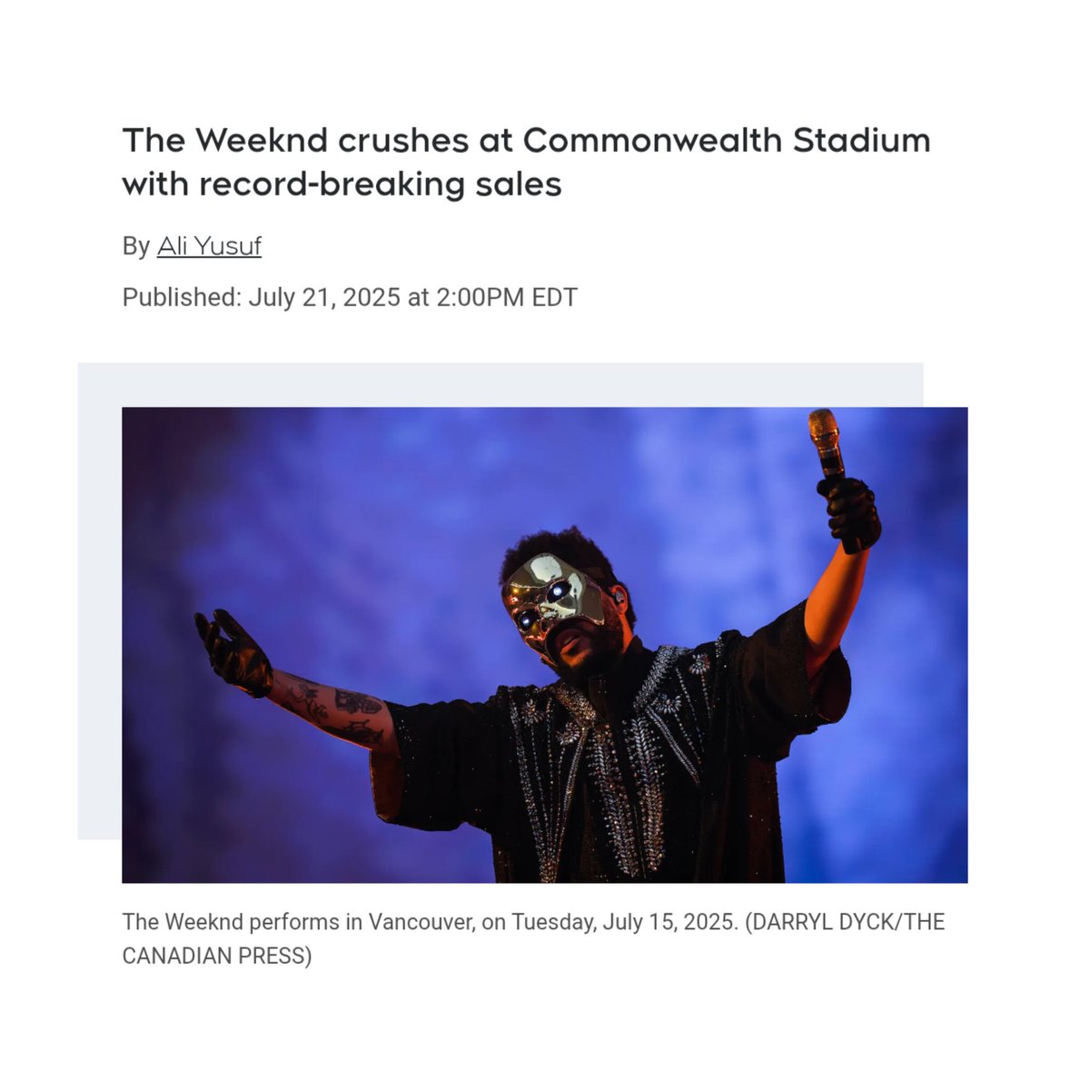 SiteTheWeekndBR's tweet image. RECORDES DE PÚBLICO POR ONDE PASSA! 🏟️
The Weeknd detém o recorde de maior número de ingressos vendidos por um artista negro no Commonwealth Stadium, com mais de 54.200 ingressos vendidos, de acordo com a Live Nation.