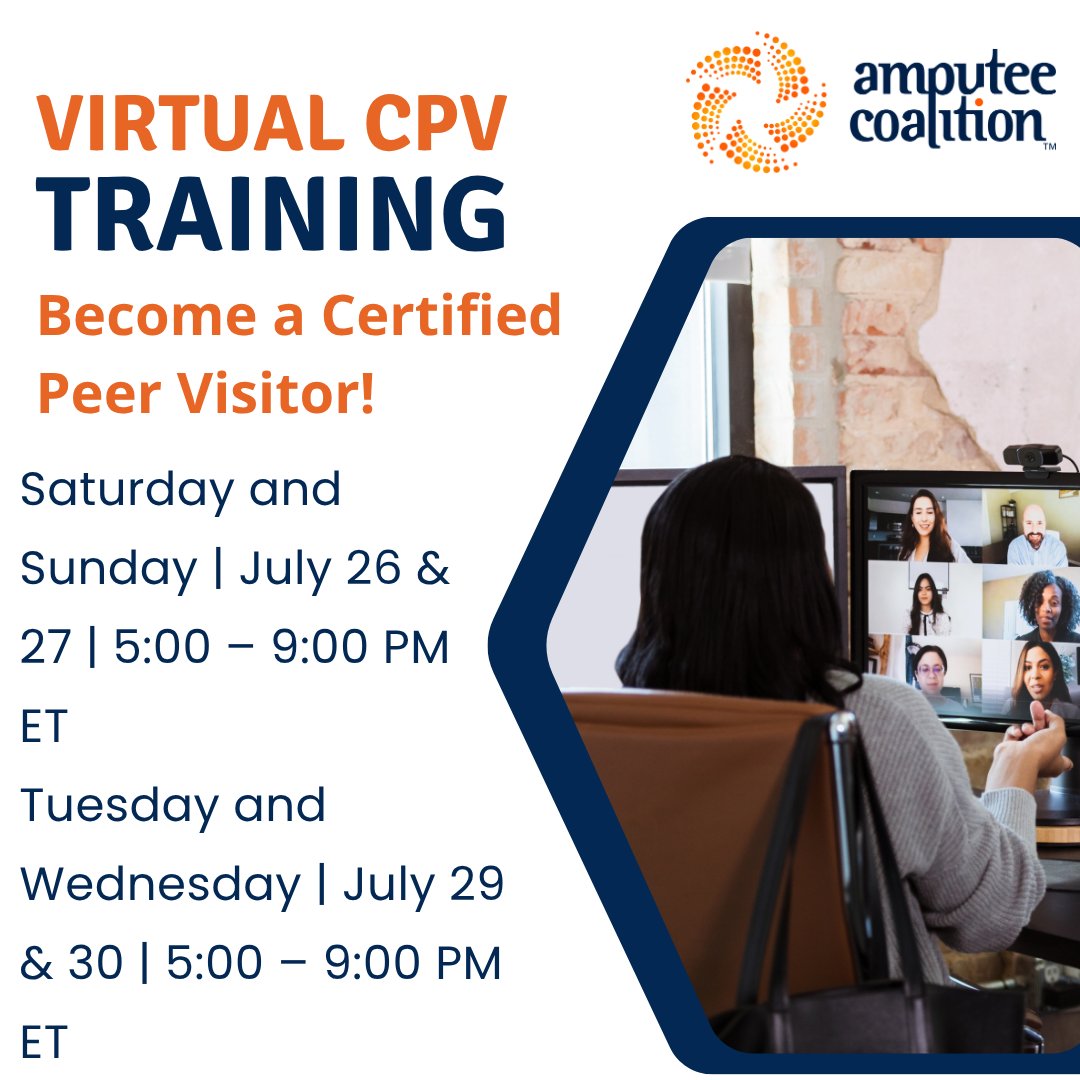 AmputeesUSA's tweet image. Want to support others on their limb loss or limb difference journey? Become a Certified Peer Visitor (CPV) and offer 1:1 support, and guidance.
🗓️ Upcoming virtual trainings:
• July 26–27 | 5–9 PM ET
• July 29–30 | 5–9 PM ET
Apply here: okt.to/h4bFck