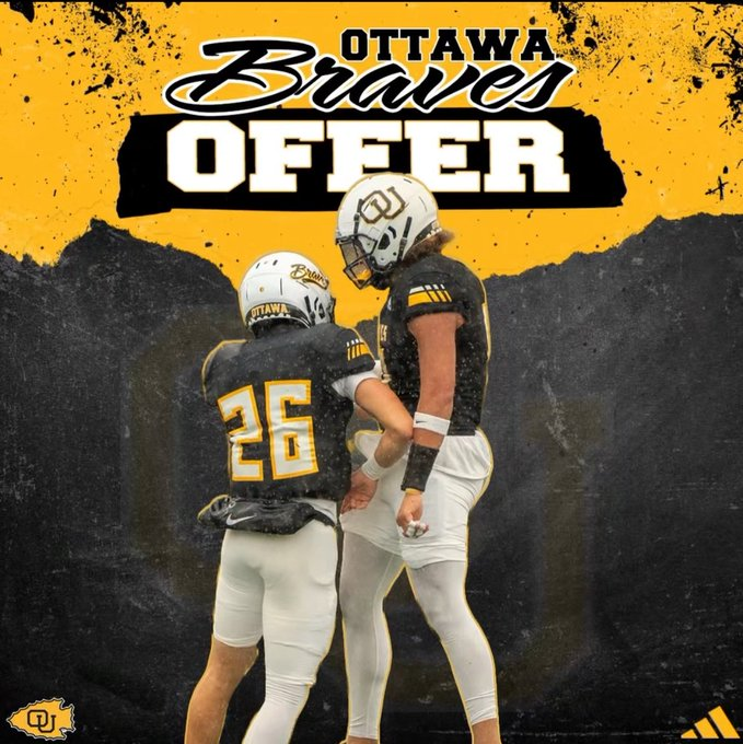 After a good camp I am thankful to receive an offer from <a href="/OttawaBravesFB/">Ottawa Braves Football</a> I look forward to getting to know the coaches and program! <a href="/ZacSheehan2/">Zac Sheehan</a> <a href="/kramer_kyle91/">Kyle Kramer</a> <a href="/CoachNickDavis/">Nick Davis</a> <a href="/ElijahValles7/">Elijah Valles</a>