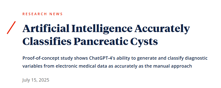 NIH's tweet image. An #NIH-funded study used ChatGPT-4 to evaluate MRI & CT scans of people with pancreatic cysts and accurately extract clinical variables. The study shows potential for a more efficient and cost-effective way to review scans. Read more: facs.org/media-center/p…