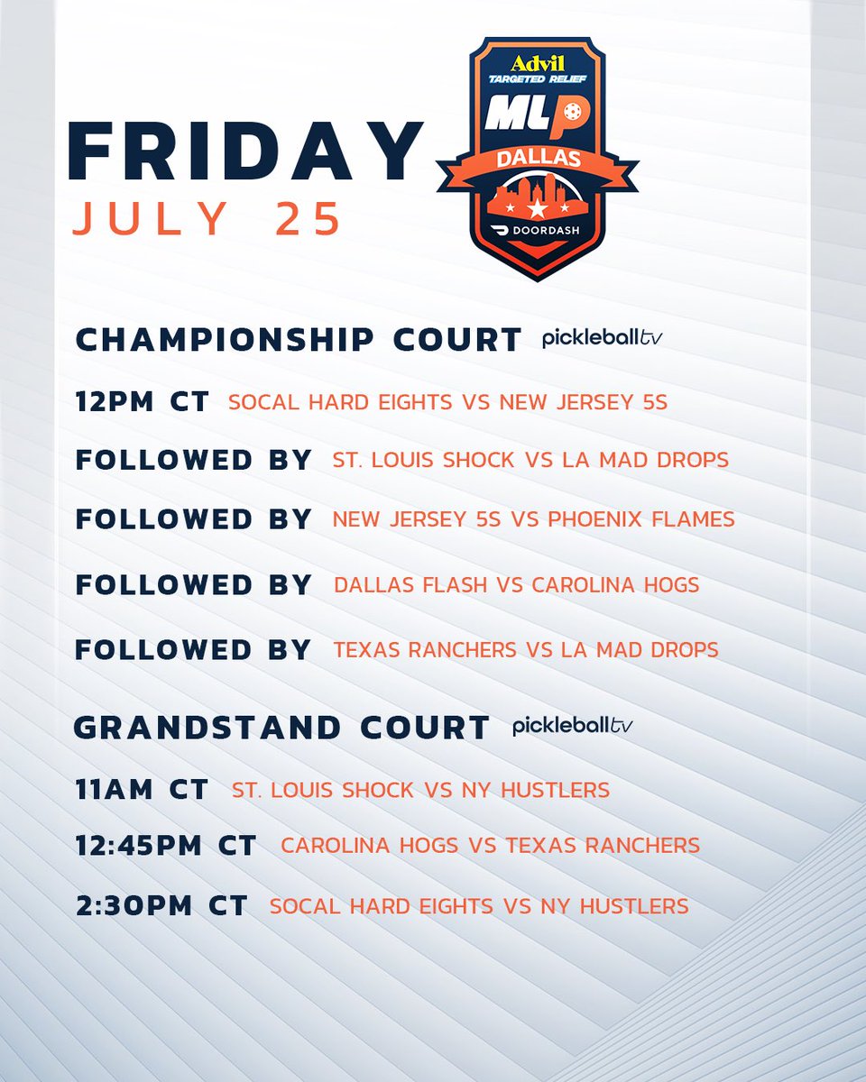 MajorLeaguePB's tweet image. Matchup schedules for Dallas this week π
π Advil Targeted Relief MLP Dallas
ποΈ July 24th-27th
ποΈ @pickleruniverse
πΊ @Pickleballtv