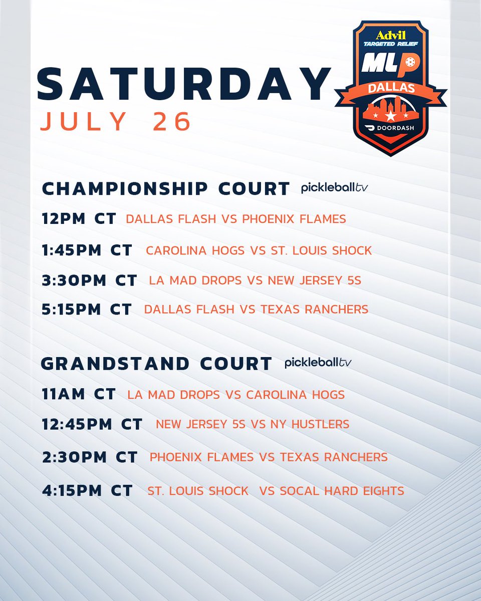 MajorLeaguePB's tweet image. Matchup schedules for Dallas this week π
π Advil Targeted Relief MLP Dallas
ποΈ July 24th-27th
ποΈ @pickleruniverse
πΊ @Pickleballtv