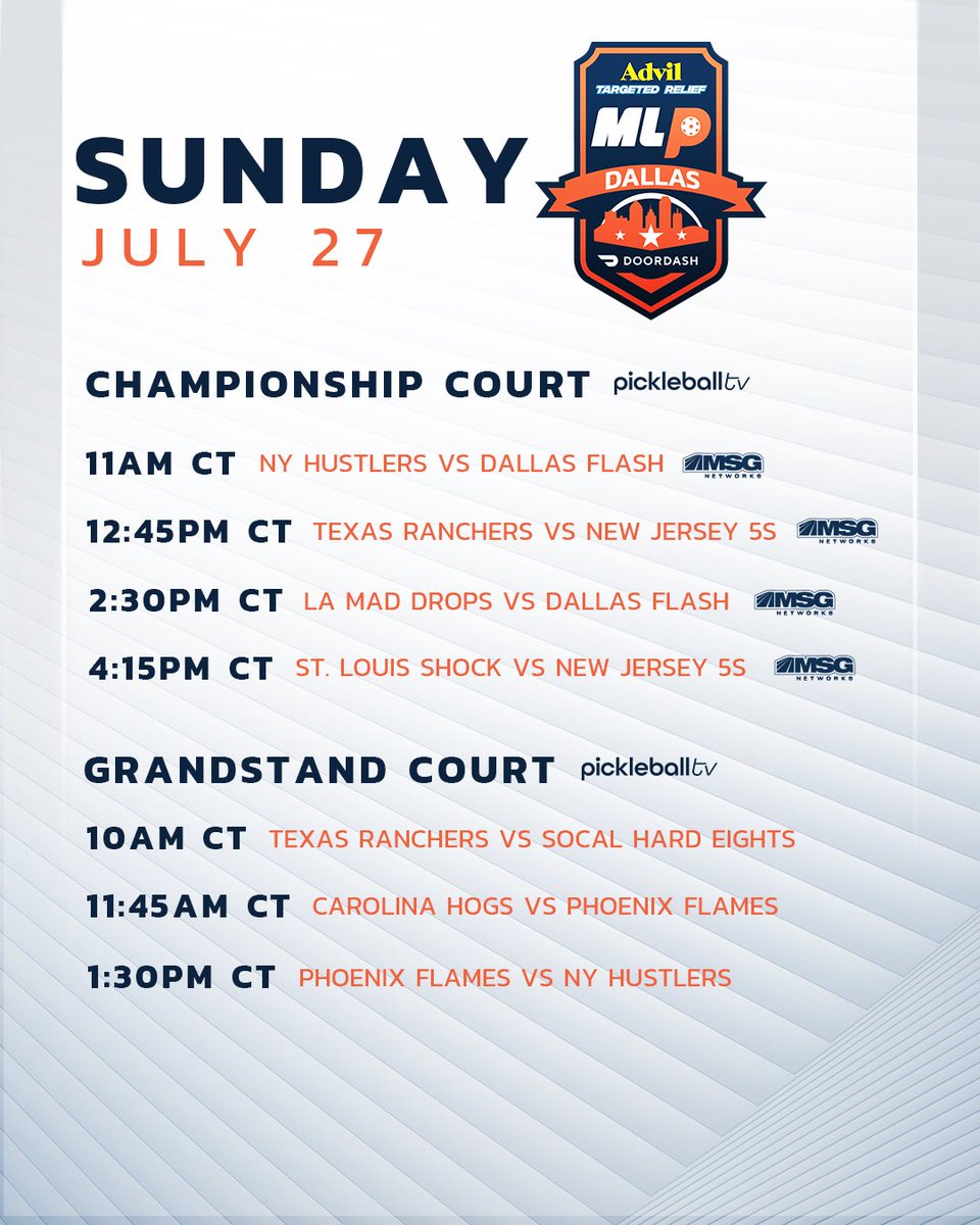MajorLeaguePB's tweet image. Matchup schedules for Dallas this week π
π Advil Targeted Relief MLP Dallas
ποΈ July 24th-27th
ποΈ @pickleruniverse
πΊ @Pickleballtv