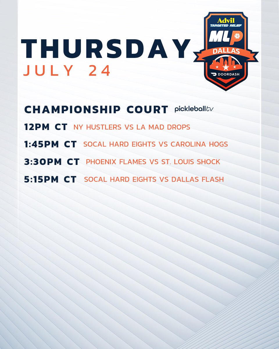 MajorLeaguePB's tweet image. Matchup schedules for Dallas this week π
π Advil Targeted Relief MLP Dallas
ποΈ July 24th-27th
ποΈ @pickleruniverse
πΊ @Pickleballtv