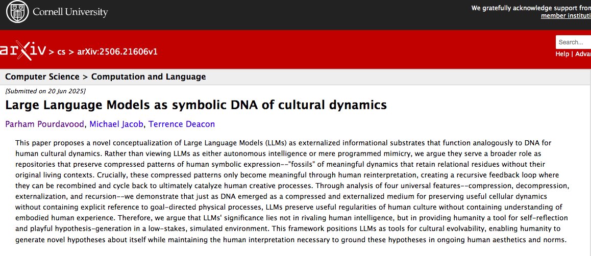 JohnNosta's tweet image. 👉It’s humbling to see my work referenced in academic research exploring LLMs as symbolic DNA of cultural dynamics.
Fascinating to watch these ideas ripple into deeper conversations on AI and meaning.
🔗 arxiv.org/abs/2506.21606…