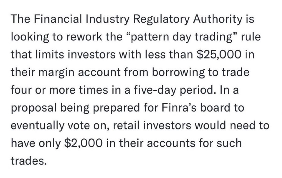 🚨 BREAKING: FINRA propone di abbassare la soglia per il Trading Giornaliero con Modello da 25.000 a 2.000 dollari