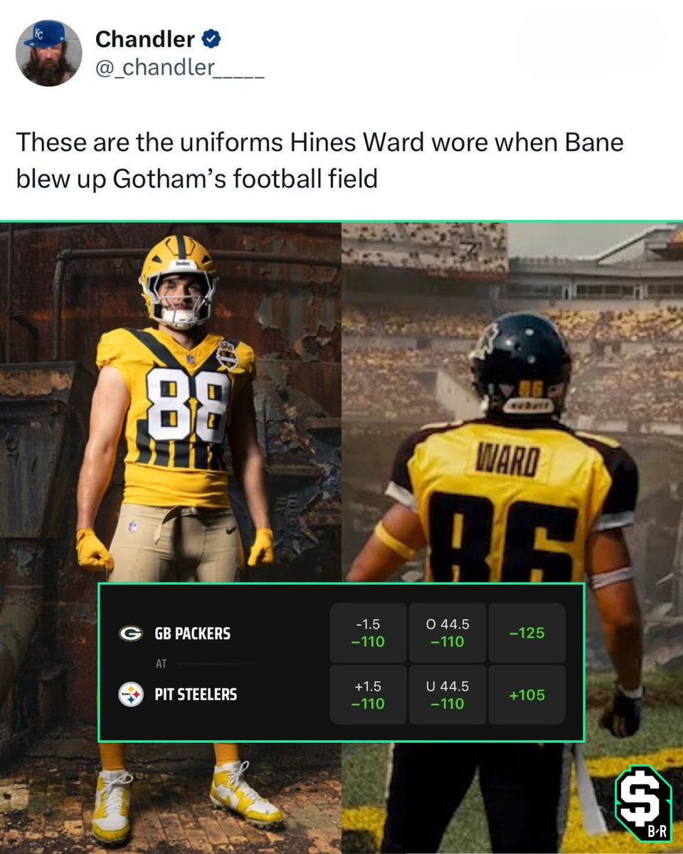 br_betting's tweet image. The Steelers will be wearing their new jerseys vs. the Packers on SNF in Week 8...
You riding Gotham ML? π
(via @_chandler_____ @DKSportsbook)