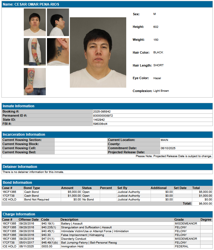 ImmigrantCrimes's tweet image. Brown County, WI: Last month, Cesar Omar Pena-Rios was arrested for Battery, Strangulation, False Imprisonment, Bail Jumping, and more.
He has an immigration detainer hold.
