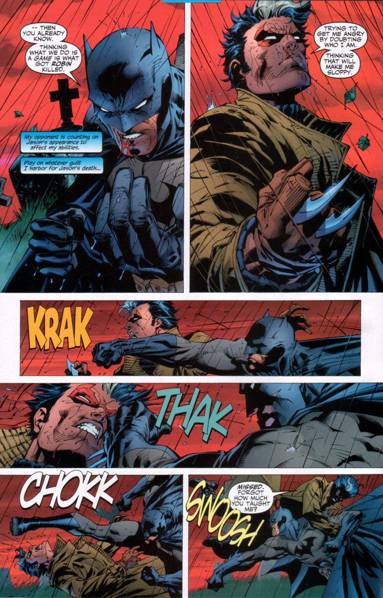 King_Hyperion89's tweet image. Batman #618
Hush is supposedly revealed to be Jason Todd. Both he and Batman clash at the graveyard where the second Robin was buried. Catwoman tries to assist Batman but is stopped by Robin. Hush is Clayface in disguise. #DCComics