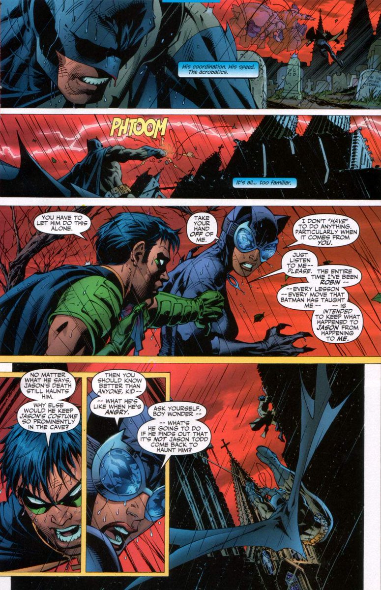 King_Hyperion89's tweet image. Batman #618
Hush is supposedly revealed to be Jason Todd. Both he and Batman clash at the graveyard where the second Robin was buried. Catwoman tries to assist Batman but is stopped by Robin. Hush is Clayface in disguise. #DCComics