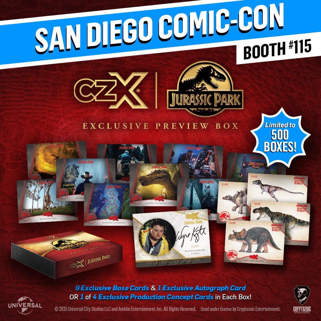 Get the CZX Jurassic Park: Preview Box at SDCC for 9 exclusive Base Cards plus a special 10th card: an Autograph Card signed by Wayne Knight OR 1 of 4 Production Concept Cards. Only 500 boxes exist, so get yours at Booth #115 starting Thursday!

bit.ly/CZX-JP-SDCC