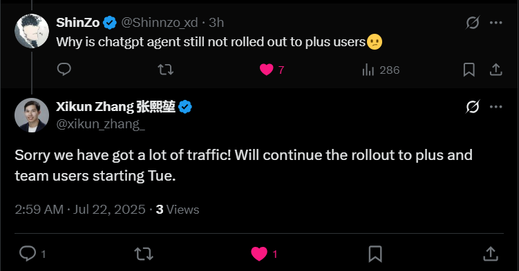 Shinnzo_xd's tweet photo. ChatGPT agent will now roll out to Plus users on Tuesday  :) https://t.co/Tmg8ZIkP0z
