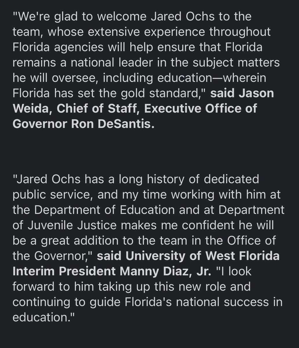 LivCaputo's tweet image. New: Jared Ochs, formerly of DBPR, is joining the DeSantis admin as deputy chief of staff.
Start date is July 28
Reactions from Chief of staff Jason Weida and UWF Pres Manny Diaz: