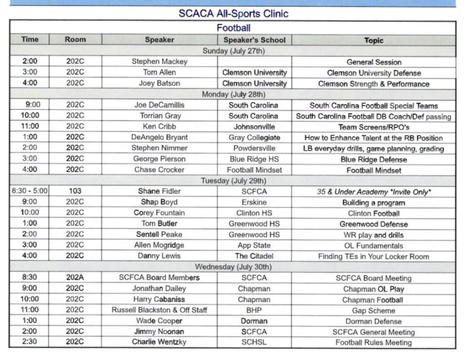 SCFCA1's tweet image. Great lineup of speakers at the @CarolinaCoaches All Sports Clinic next week. Hope to see big crowds in each session. @LouatTheState @iguerin
