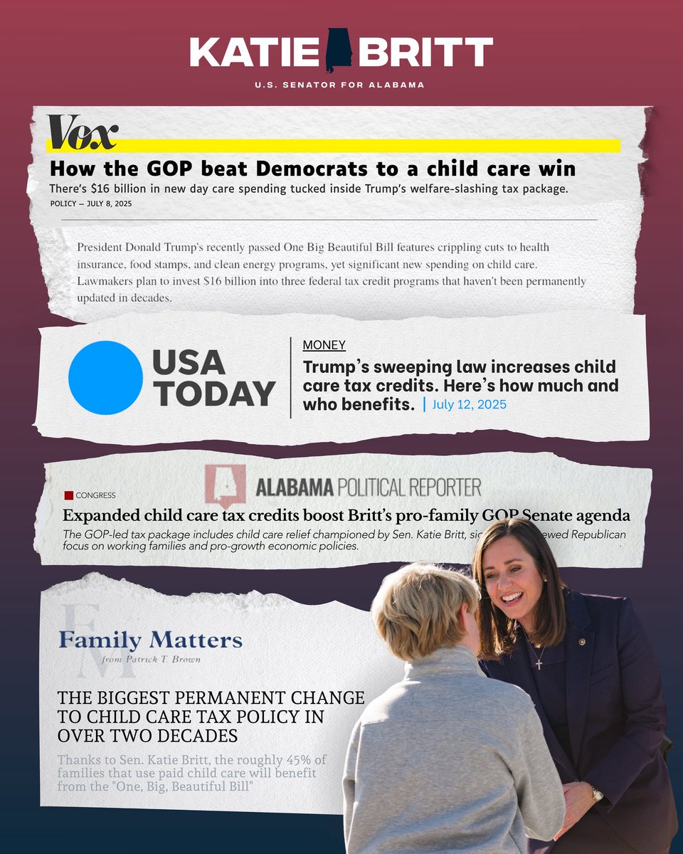 SenKatieBritt's tweet image. As a mom, the affordability of child care is personal. My husband and I faced the same challenges 15 years ago that parents are facing today.
I’m proud to have delivered historic updates to child care tax credits that support working families and invest in America's future.