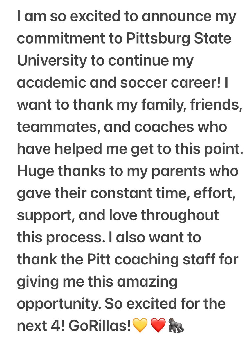 Committed!! #GoRillas 

<a href="/gorillassoccer/">Pitt State Women's Soccer</a>  💛❤️🦍

<a href="/Gretna08ECNL/">GEA 08G ECNL</a> 
<a href="/GEA_ECNL/">Gretna Elite Academy ECNL</a> 
<a href="/ImYouthSoccer/">ECNL/GA/Recruiting/College Soccer</a> 
<a href="/JonBrezenski/">Jon Brezenski</a> 
<a href="/MWGirlsSoccer/">MW Girls Soccer</a>