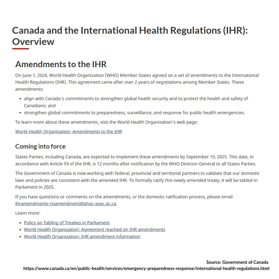 LeslynLewis's tweet image. This past weekend, the deadline passed for Canada to reject the World Health Organization (WHO) amendments to the International Health Regulations.
Canada did not reject these binding regulations, which would grant power to the WHO to influence Canada’s public health response…