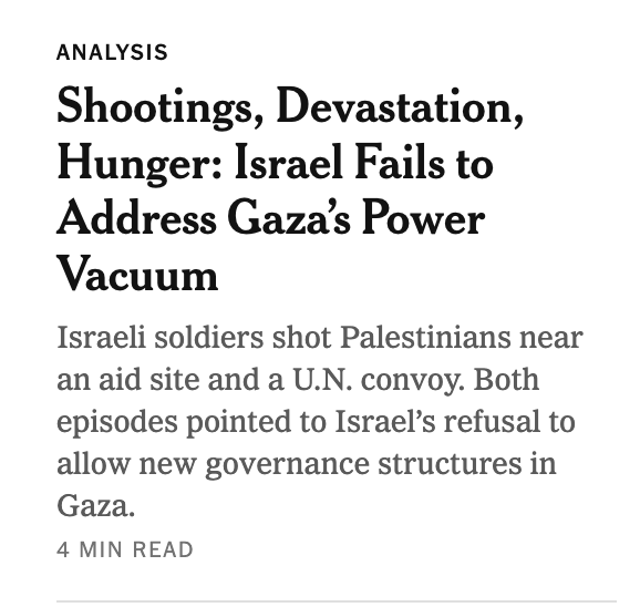 JamesSchamus's tweet image. When we say evil walks among us, we can point to the people responsible for this utterly vomitous @nytimes headline as perfect examples. According to them, Israel is not intentionally starving millions of people, it is "failing to address a power vacuum." Insane.