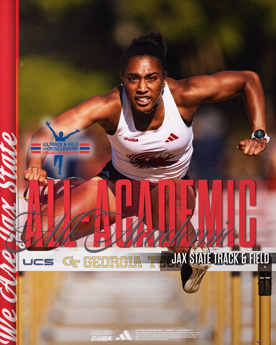JaxStateXCTF's tweet image. Jax State has been named a 2025 @USTFCCCA All-Academic Team, having posted a 3.5 team GPA this past season 📚
#StayCocky 🐔 | #FearTheBeak 👌