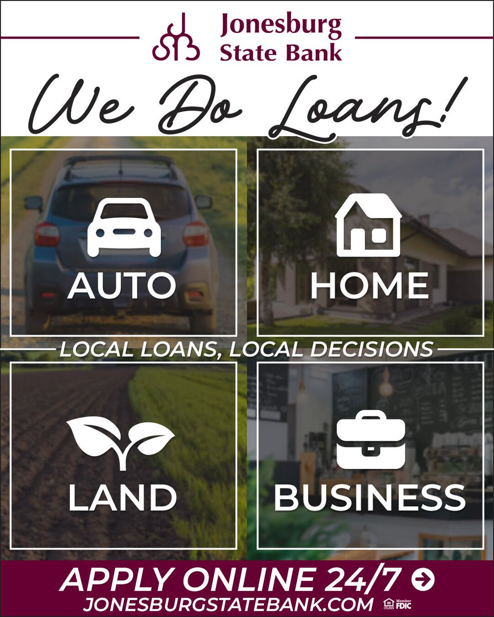 Ready to make those big dreams a reality, whether for your business or your family? #JonesburgStateBank is your partner in achieving every milestone. We offer personalized loan solutions crafted with your unique goals in mind. #WeDoLoans

Get Started: bit.ly/3ZuQfyk