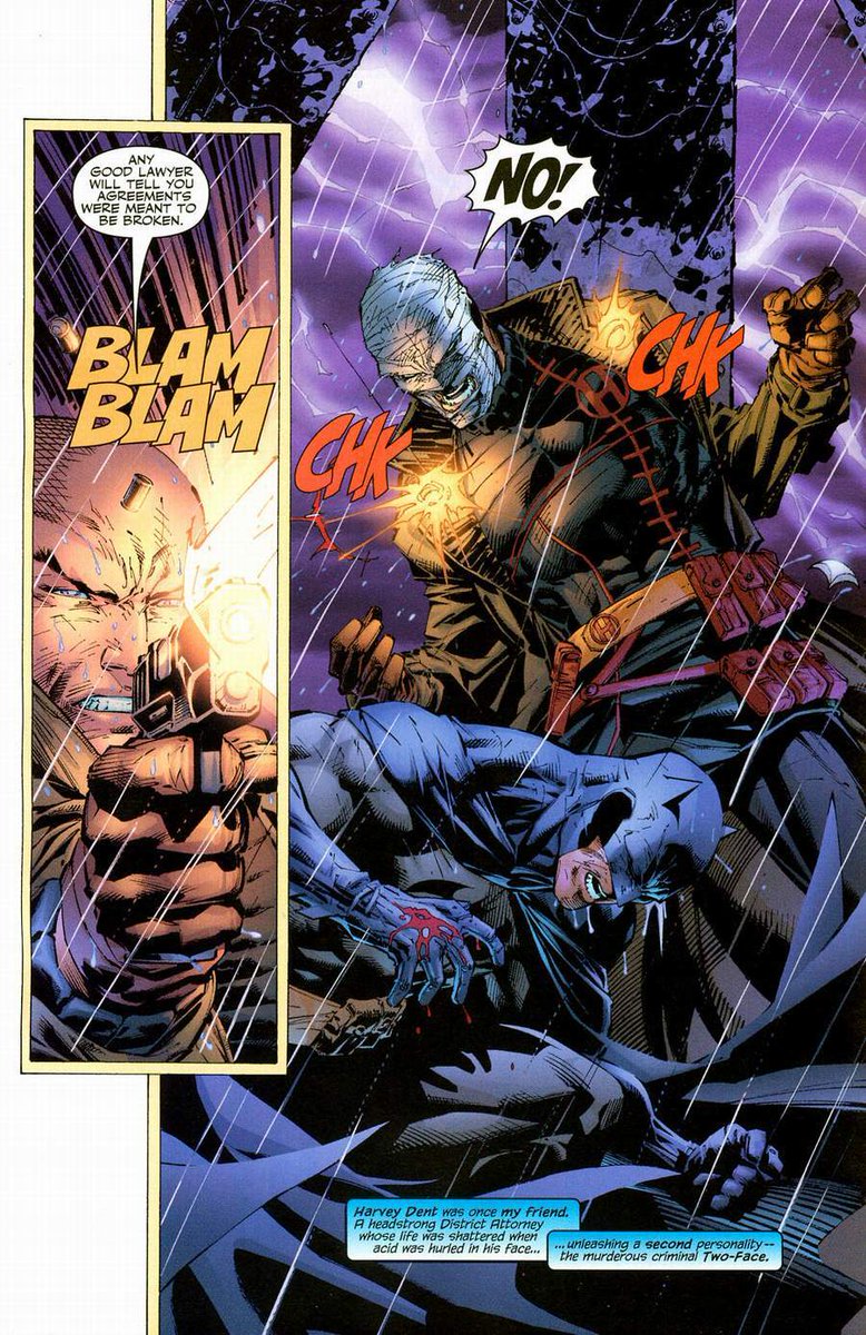 King_Hyperion89's tweet image. Batman #619
Batman confronts Harold, a longtime friend, for helping Hush. He's killed by the latter. Hush is revealed to be Thomas Elliot who wanted revenge against the Waynes. Harvey Dent shoots Hush, saving Batman. Elliot is lost in the Gotham River. #DCComics