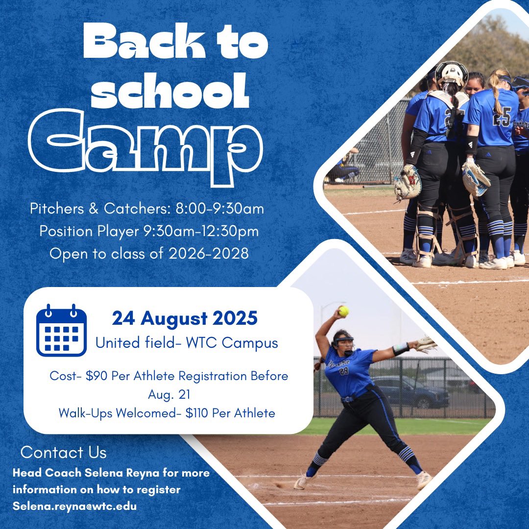 Don’t forget to sign up for our camp August 24th! Q&amp;A after camp for players and parents. There will also be a campus tour as well! Come out and camp with WTC softball!🤠🥎 please email head coach selena Reyna at selena.reyna@wtc.edu