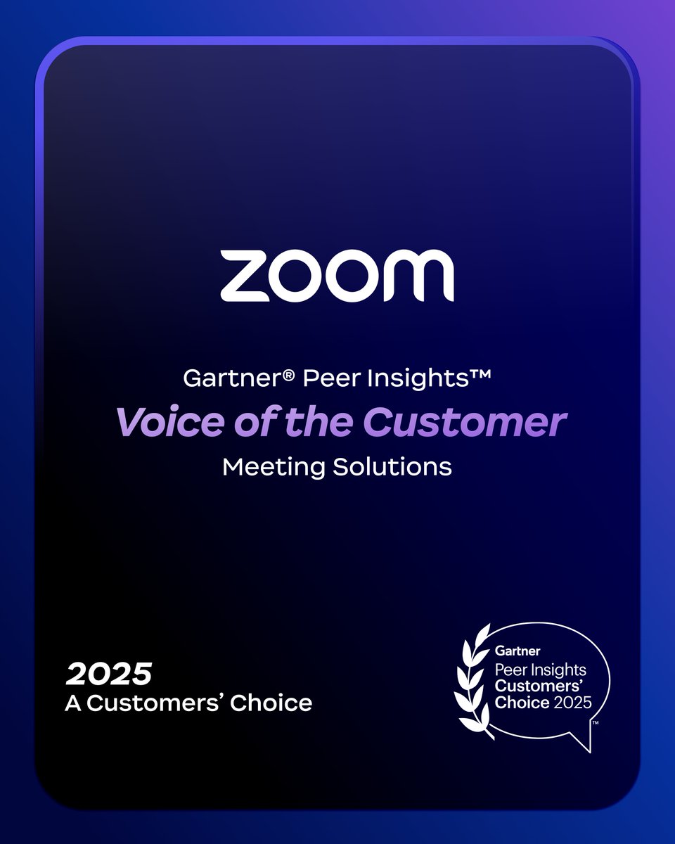 Zoom's tweet image. Zoom was recognized as Customers’ Choice in Gartner® Peer Insights™ “Voice of the Customer” report for Meeting Solutions 👩💻✨
We’re proud to deliver intuitive, AI-first meeting solutions that make collaboration seamless.
Read more about this recognition here 👉…
