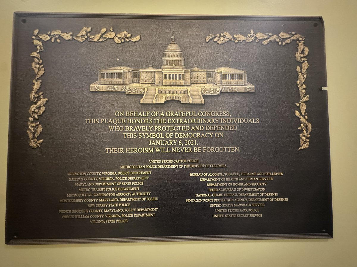 JoeKhalilTV's tweet image. Democrats have started to put these cardboard posters up outside their offices.
It’s a printout of an actual plaque that was commissioned and approved, but still hasn’t gone up in the Capitol. It honors the U.S. Capitol Police for defending the Capitol on January 6th.