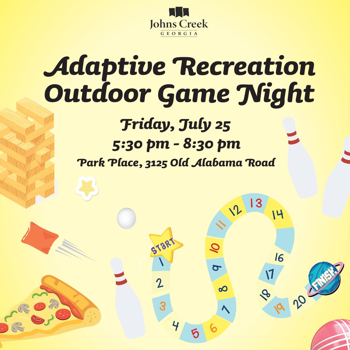 Adaptive Recreation Game Night is set for this Friday, July 25! Individuals with special needs are invited for a fun evening of games including bocce, ladder golf, corn hole, giant Connect 4, giant Jenga, and lawn bowling.
Free! Registration: bit.ly/4kOS94Q