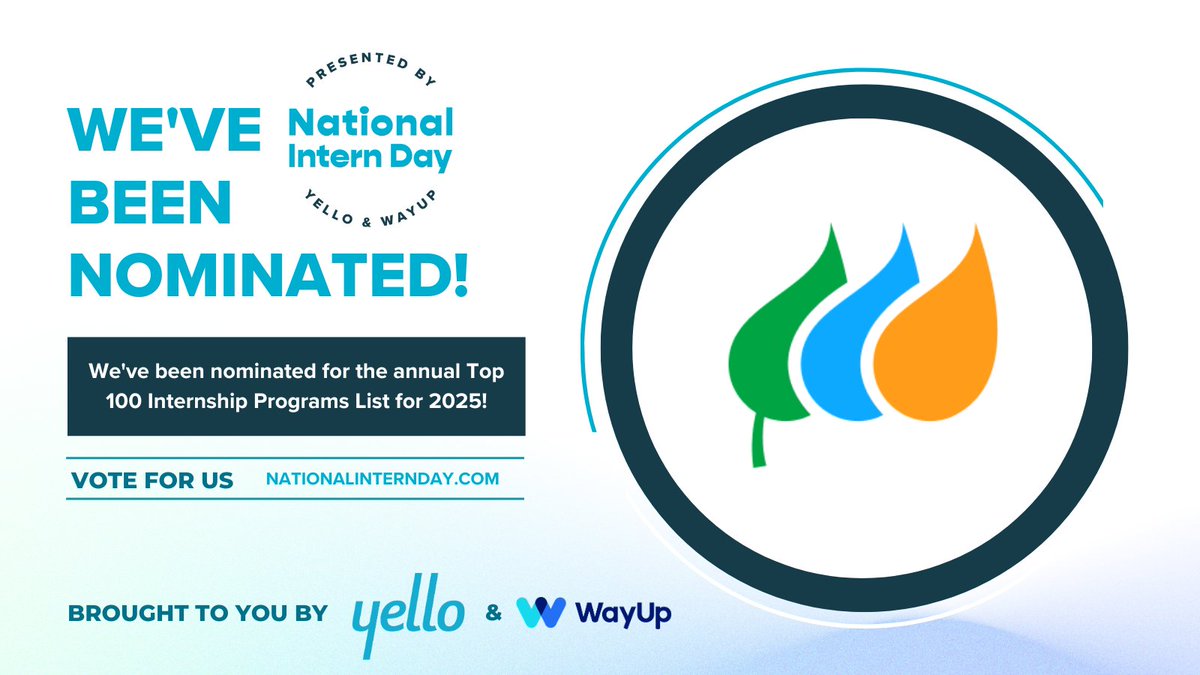 Avangrid's tweet image. We’ve been nominated for @Yello and @WayUp’s Top 100 Internship Programs List! Vote for us as we gear up to celebrate National Intern Day on Thursday, July 31. Voting closes on July 24! ow.ly/oyWz50WsOzw
#NationalInternDay #NID