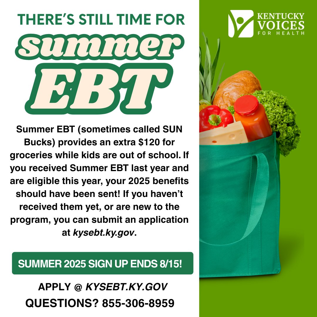 Is your family enrolled for Summer EBT? You may be eligible even if your student has not received SNAP, KTAP, income-based medical assistance, or kinship care… you just need to apply. Find out today! You can apply for 2025 Summer EBT until August 15th at kysebt.ky.gov.