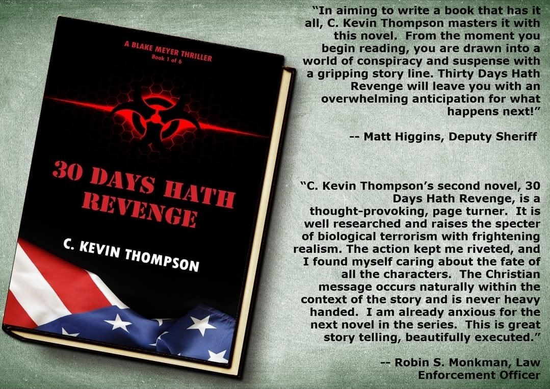 CKevinThompson's tweet image. In preparation for its original release in 2013, Kevin had two law enforcement officers read 30 DAYS HATH REVENGE, & their reviews are below.
Book 6, DEVIL OF A CRIME, releases tomorrow! The final chapter! Books 1-5 go on sale July 22nd as a celebration!
tinyurl.com/bdh8vzmp