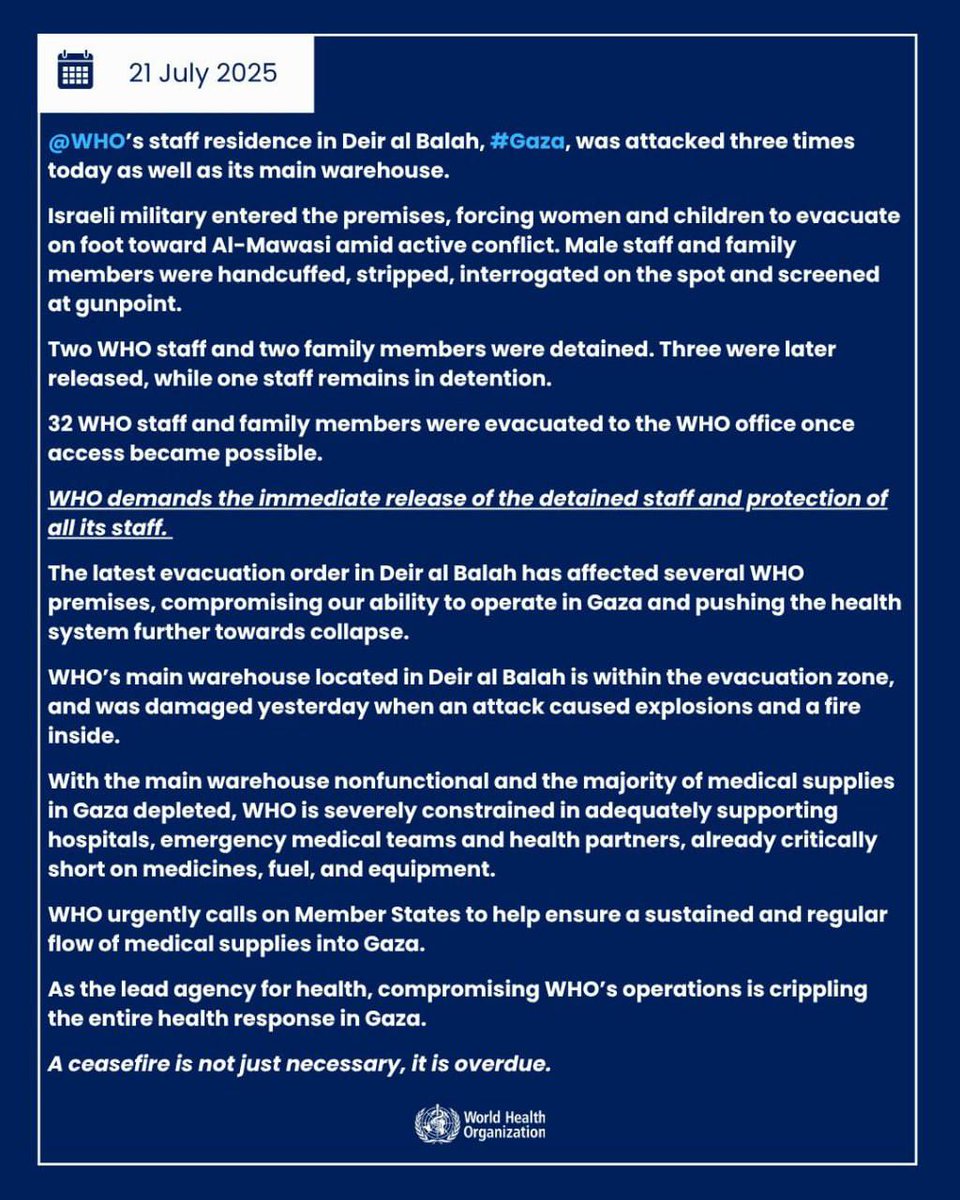 DD_Geopolitics's tweet image. 🇮🇱 BREAKING: IDF stormed the World Health Organization's staff residency as part of its ongoing offensive operation against Deir al Balah, and detained two WHO staff and two family members of WHO staff after other male staff and family members were handcuffed, stripped,…