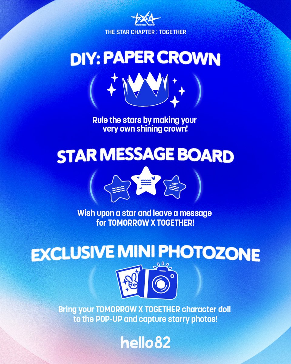 hello82official's tweet image. These Exclusive Activities are best enjoyed TOGETHER ๐ซ
MOA, light up your next chapter at the TOMORROW X TOGETHER POP-UP โจ
๐๏ธ 7/25 - 7/27 | 10AM - 4PM (Local Time)
๐ @hello82LA
๐ @hello82NYC
๐ @hello82ATLANTA
๐ @hello82SANDIEGO
@TXT_bighit
#TXT #TOMORROW_X_TOGETHERโฆ