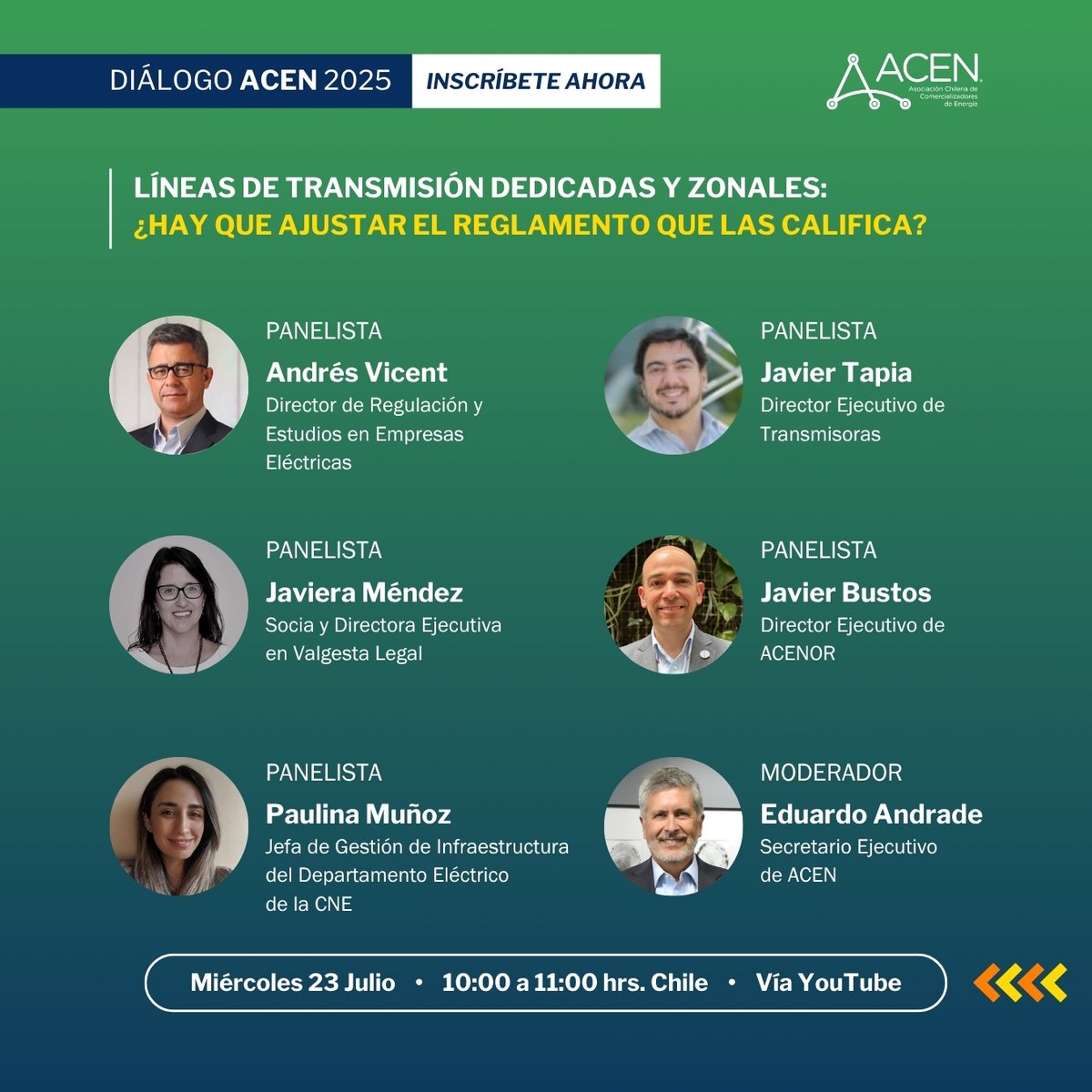 ▶️ Se ha sumado Paulina Muñoz, Jefa de Gestión de Infraestructura del Departamento Eléctrico de la <a href="/CNE_Chile/">CNE</a> , al #DiálogoACEN “Líneas de transmisión dedicadas y zonales: ¿hay que ajustar el reglamento que las califica? ¡No te quedes fuera! Inscríbete👉bit.ly/3GPZWRU