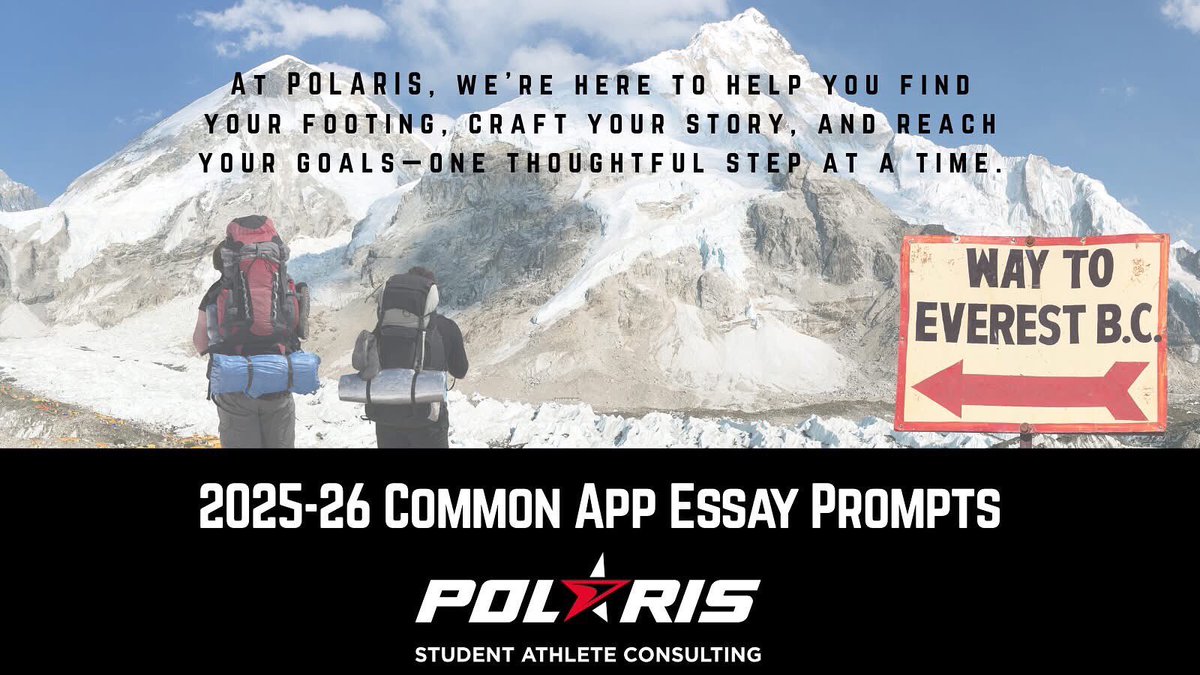 POLARIS Student Athlete Consulting (@polarisathlete) on Twitter photo Here are the 2025-26 <a href="/CommonApp/">Common App</a> Essay Prompts: polarisathlete.com/blog-polaris/2…
Ready to tackle the prompts and craft an essay that truly reflects your story? We’ve got you covered—from brainstorming standout ideas to refining structure, flow, and voice.
#PolarisAthlete #CommonApp Here are the 2025-26 <a href="/CommonApp/">Common App</a> Essay Prompts: polarisathlete.com/blog-polaris/2…
Ready to tackle the prompts and craft an essay that truly reflects your story? We’ve got you covered—from brainstorming standout ideas to refining structure, flow, and voice.
#PolarisAthlete #CommonApp
