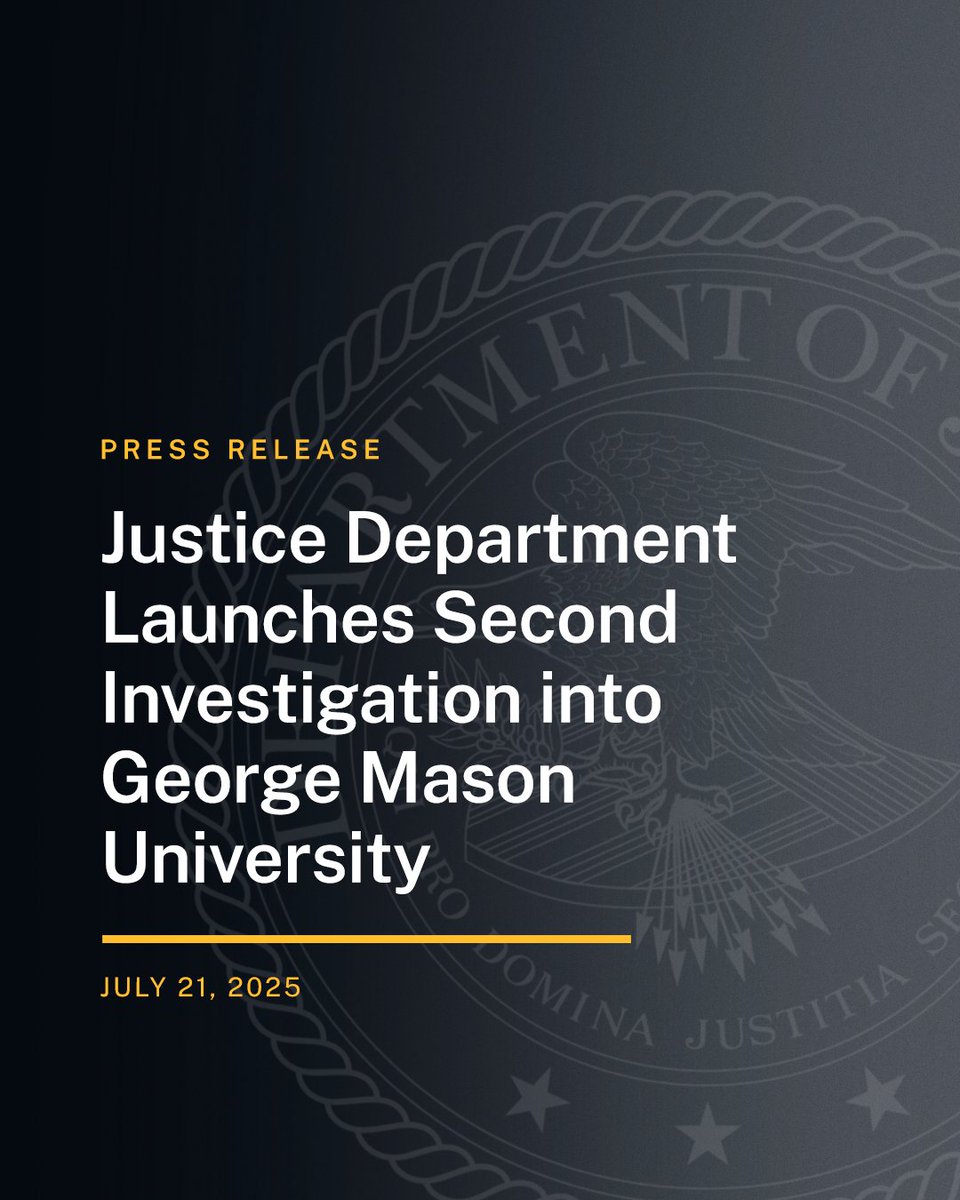 CivilRights's tweet image. Justice Department Launches Second Investigation into George Mason University
“No one should be denied access to opportunity or resources because of their race, color, or national origin, and the United States is committed to keeping our universities free of such invidious…