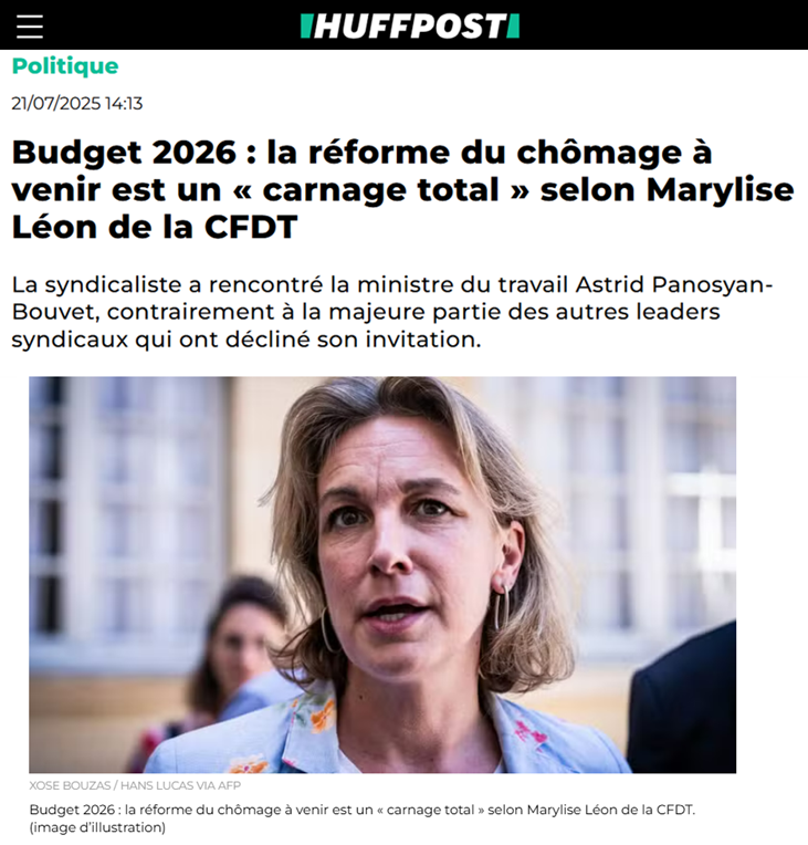 CharliesIngalls's tweet image. 🇫🇷 Un « carnage total » : selon Marylise Léon, secrétaire générale de la cfdt, le budget 2026 et la réforme du chômage à venir sera un « carnage total » !
On parle de la CFDT hein, le syndicat qui en general est plutôt dans la discussion, l'échange...
huffingtonpost.fr/politique/arti……