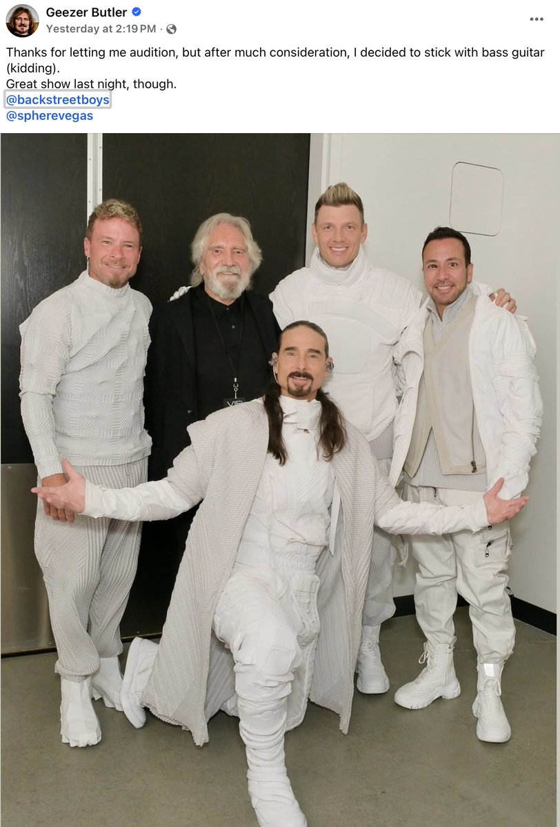 paulsemel's tweet image. Feeling down?
Not sure what to do?
Need something to cheer you up?
Here's a photo of Black Sabbath's Geezer Butler with The Backstreet Boys.
Seriously.
He went to their show.
And had a good time.
Enjoy!