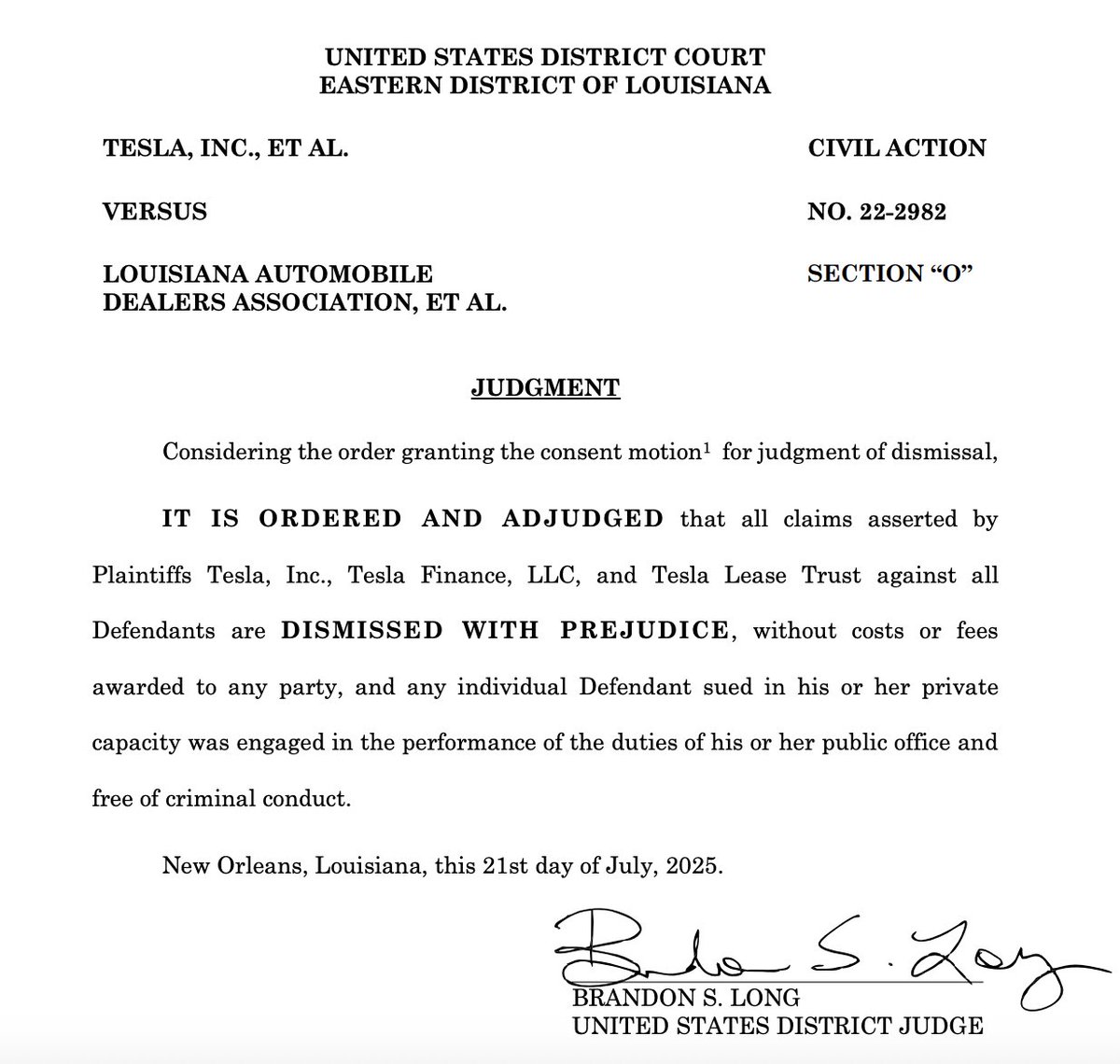 lmcgaughy's tweet image. It's official: After SCOTUS declined to take up @Tesla's suit over direct sales in Louisiana, the case has now been dismissed.
@elonmusk's EV company sued over not being able to sell his cars directly to consumers in the state. Texas has laws. #txlege #lalege