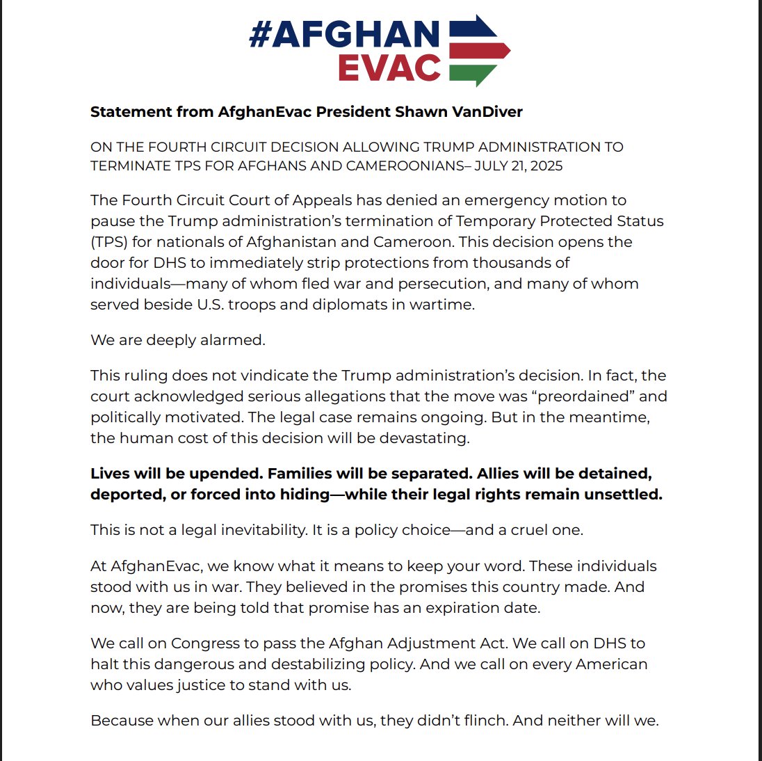afghanevac's tweet image. Statement from AfghanEvac President @ShawnJVanDiver
ON THE FOURTH CIRCUIT DECISION ALLOWING TRUMP ADMINISTRATION TO TERMINATE TPS FOR AFGHANS AND CAMEROONIANS– JULY 21, 2025
The Fourth Circuit Court of Appeals has denied an emergency motion to pause the Trump administration’s…