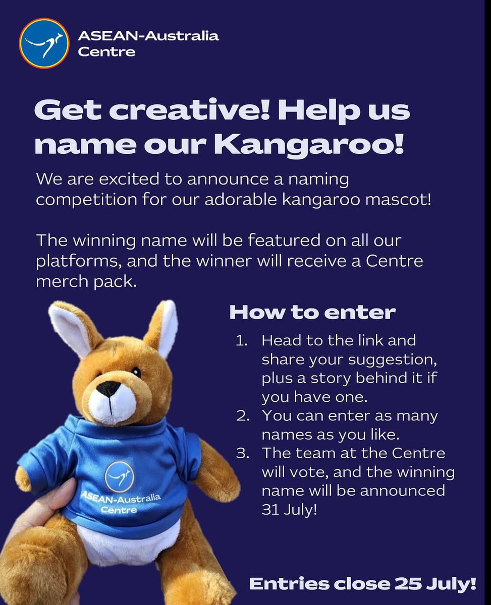 AusAmbASEAN's tweet image. Got a great name for the @ASEAN-Australia Centre&apos;s kangaroo🦘 mascot?

Submit your idea &amp;amp; the story behind it by 25 July for a chance to win a special prize pack! 🎁

Let’s name this kangaroo together ➡️ qualtricsxm84qkw92fx.qualtrics.com/jfe/form/SV_ez…