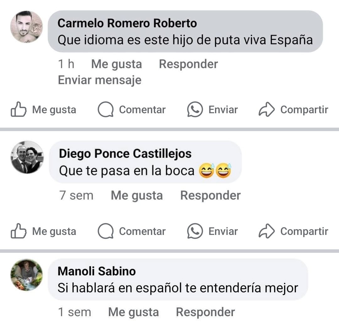 Estes son comentarios que ás veces hai quen pon nas miñas redes sociais por falar en galego. Non sei vós, pero eu nunca lle escribín nada semellante a alguén que fale en castelán, inglés, chino, catalán ou ruso nas súas redes sociais ou nos seus libros, música, etc. Vós ? 
Dito