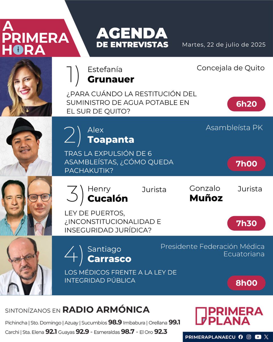 PrimeraPlanaECU (@primeraplanaecu) on Twitter photo 🎙️Agenda del noticiero #APrimeraHora | Martes, 22 de julio de 2025.
➡️ <a href="/estefania_gru/">Estefy Grunauer R.</a>
➡️ <a href="/AlexToapantaEc/">Alex Toapanta</a>
➡️ <a href="/henrycucalon/">Henry Cucalon</a>, <a href="/gonzalomunozh/">Gonzalo Muñoz</a>
➡️ <a href="/FMEcuador/">federacionmedicaec</a>
Los esperamos desde las 06h00 am, con <a href="/fabriciovelav/">Fabricio Vela</a> y <a href="/AndreaOrbe5/">Andrea Orbe Saltos</a> 🎙️Agenda del noticiero #APrimeraHora | Martes, 22 de julio de 2025.
➡️ <a href="/estefania_gru/">Estefy Grunauer R.</a>
➡️ <a href="/AlexToapantaEc/">Alex Toapanta</a>
➡️ <a href="/henrycucalon/">Henry Cucalon</a>, <a href="/gonzalomunozh/">Gonzalo Muñoz</a>
➡️ <a href="/FMEcuador/">federacionmedicaec</a>
Los esperamos desde las 06h00 am, con <a href="/fabriciovelav/">Fabricio Vela</a> y <a href="/AndreaOrbe5/">Andrea Orbe Saltos</a>