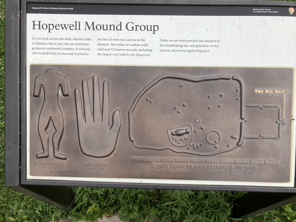 DrGregLittle2's tweet image. Display signs at the original "Hopewell Mound Group" near Chillicothe, Ohio. Note the "You are here" on the far right of first pic. While 90-some+ percent of the site was essentially obliterated, the ground foliage is used to show some of the locations of the earthworks once…