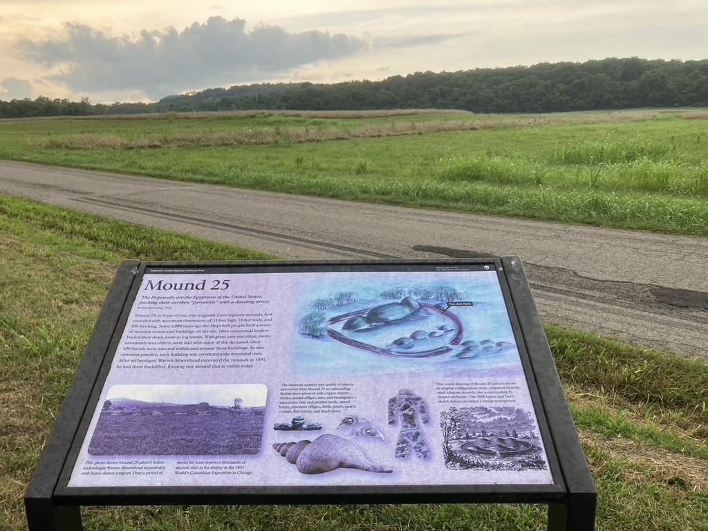 DrGregLittle2's tweet image. Display signs at the original "Hopewell Mound Group" near Chillicothe, Ohio. Note the "You are here" on the far right of first pic. While 90-some+ percent of the site was essentially obliterated, the ground foliage is used to show some of the locations of the earthworks once…
