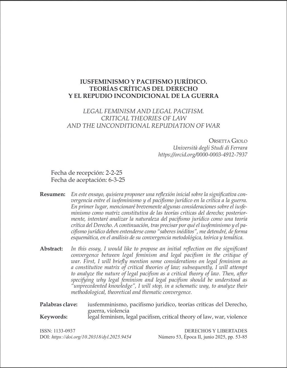 📘 #RevistaDerechosyLibertades Nº 53 (2025) <a href="/idhbc_uc3m/">Derechos Humanos (IDHPB)</a> <a href="/uc3m/">UC3M</a> <a href="/dykinsonlibros/">Librería - Editorial Dykinson 📚</a>

📣 Hoy en la sección #Monográfico 📖 “Iusfeminismo y pacifismo jurídico. Teorías críticas del Derecho y el repudio de la guerra” a cargo de #OrsettaGiolo

⬇️ ¡Léelo aquí! ⬇️
🔗 doi.org/10.20318/dyl.2…